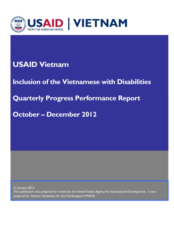 Quarterly Progress Performance Report: Inclusion of the Vietnamese with Disabilities - IVWD FY 2013, October – December