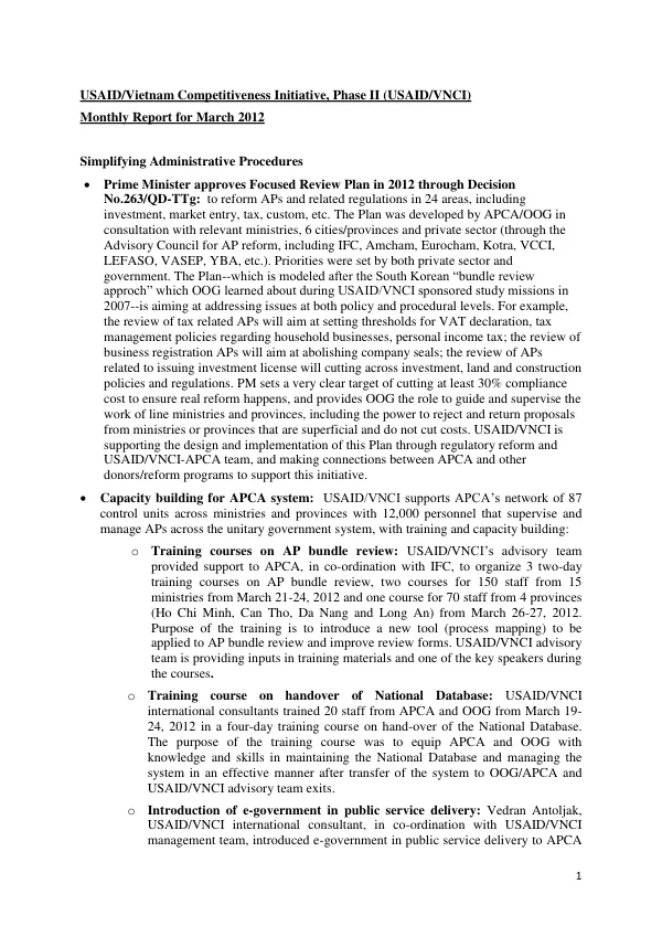 USAID/VNCI II Monthly Report March 2012