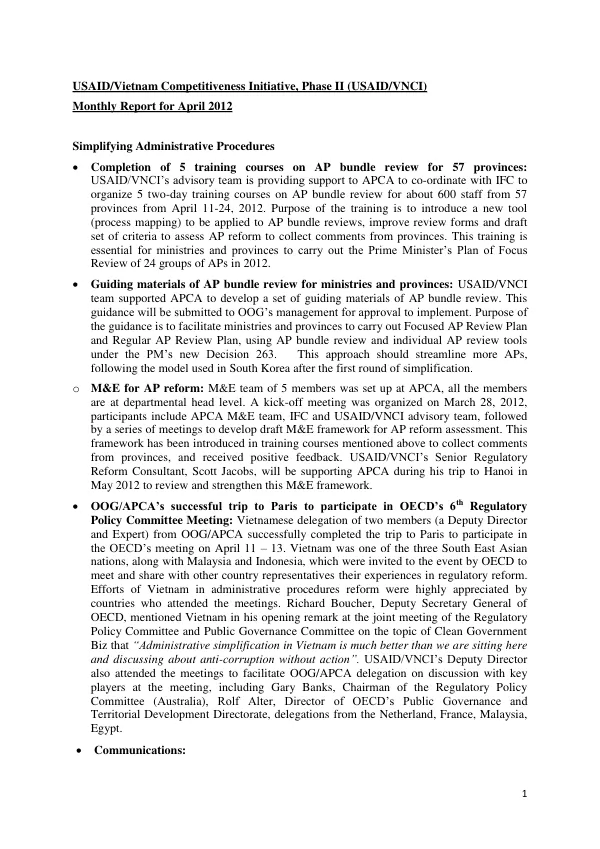 USAID/VNCI II Monthly Report April 2012