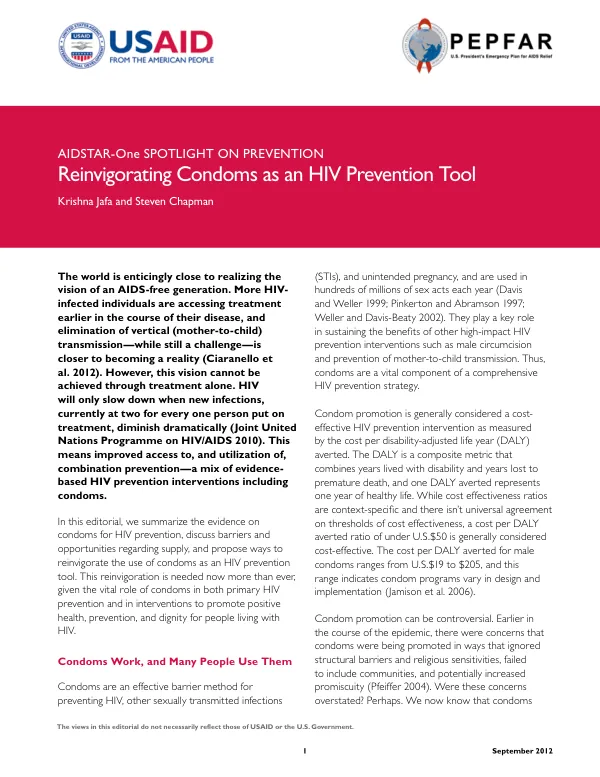 AIDSTAR-One Spotlight on Prevention. Reinvigorating Condoms as an HIV Prevention Tool
