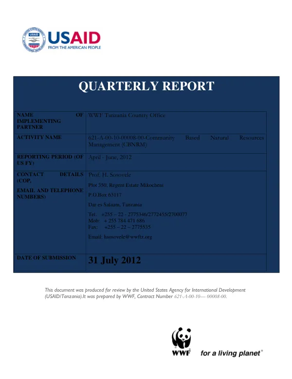 Quarterly Report: Community Based Natural Resources Management (CBNRM) Policy Implementation