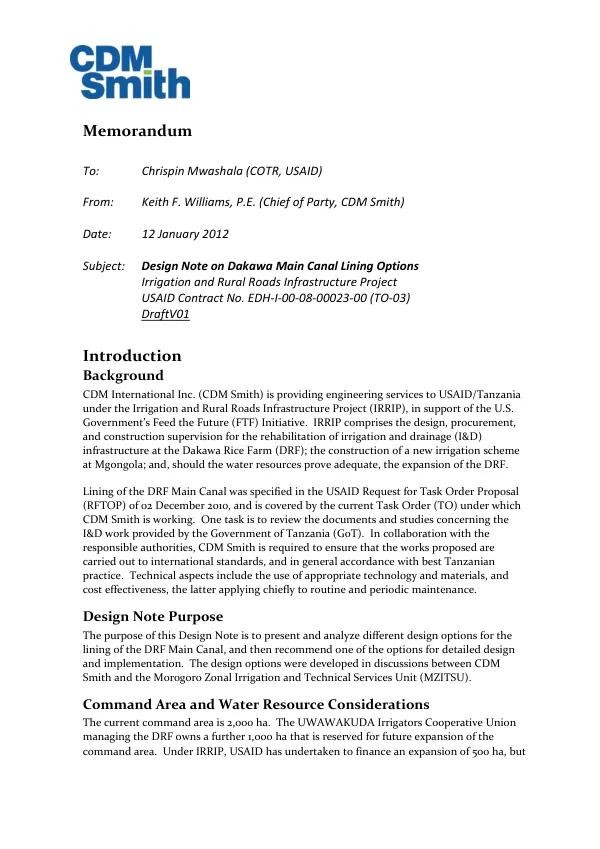 Design Note on Dakawa Main Canal Lining Options