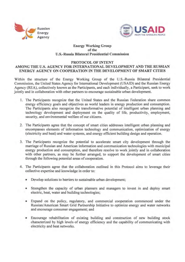 Protocol of Intent Among the U.S. Agency for International Development and the Russian Energy Agency on Cooperation in the Development of Smart Cities