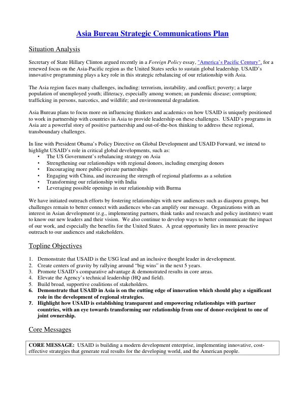 Asia Bureau Strategic Communications Plan