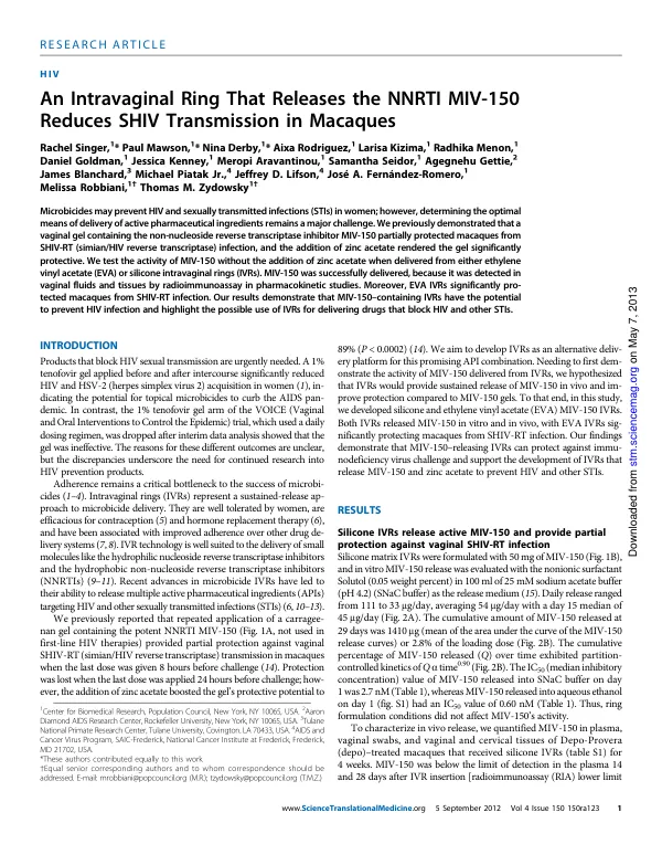 An Intravaginal Ring That Releases the NNRTI MIV-150 Reduces SHIV Transmission in Macaques