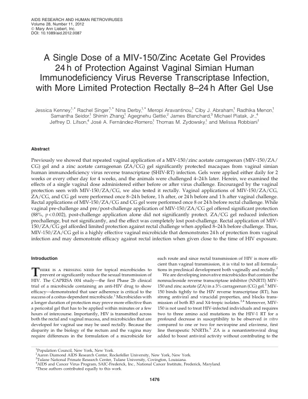 A Single Dose of a MIV-150/Zinc Acetate Gel Provides 24 h of Protection Against Vaginal Simian Human Immunodeficiency Virus Reverse Transcriptase Infection, with More Limited Protection Rectally 8–24 h After Gel Use