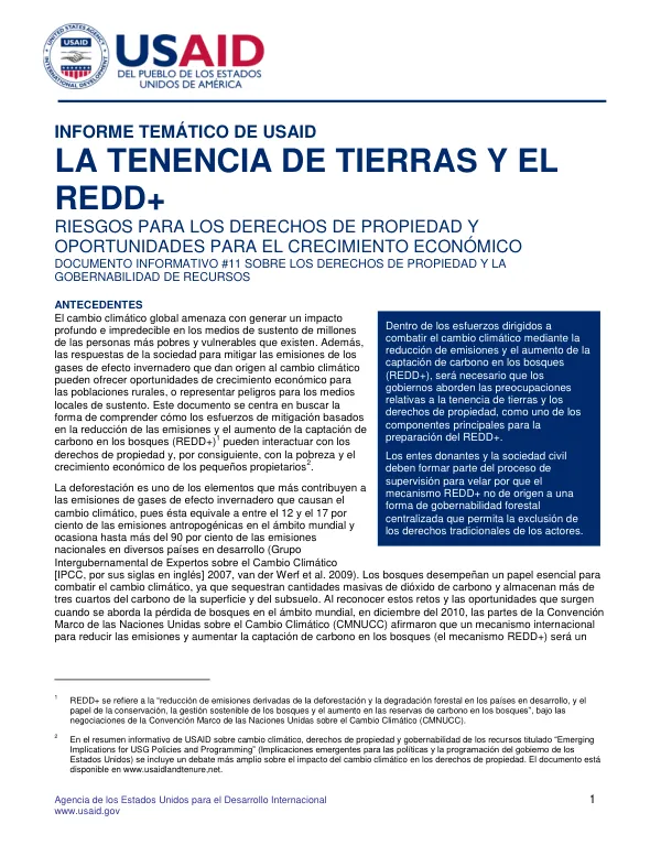 Informe Temático de USAID: La Tenencia de Tierras y el REDD+