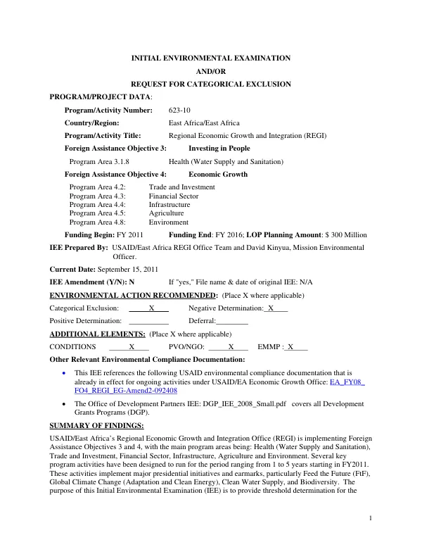 USAID-EA Final Environmental Examination and Request for Categorical Exclusion