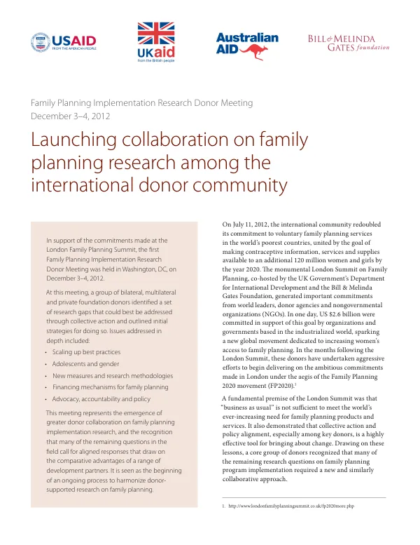 Family Planning Implementation Research Donor Meeting: Launching collaboration on family planning research among the international donor community