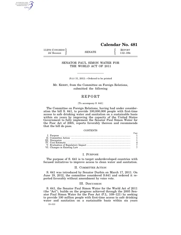 Senator Paul Simon Water for the World Act of 2011