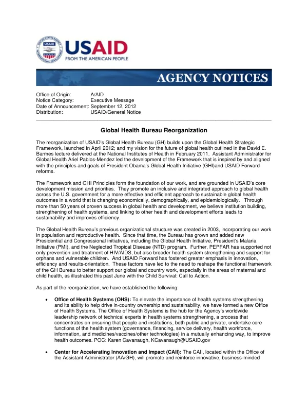 Global Health Bureau Reorganization