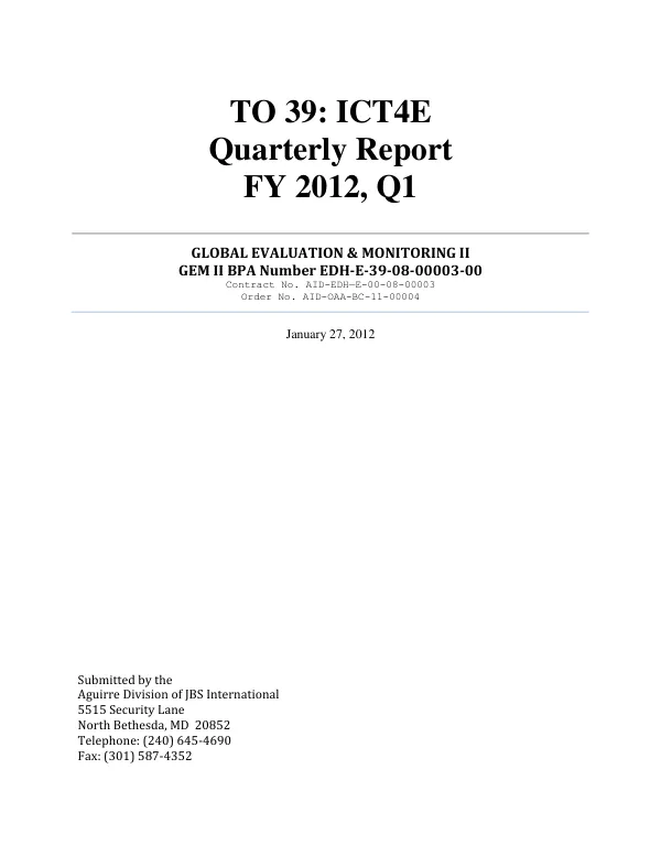 GEM II Task Order 39 Quarterly Report: ICT4E FY 2012, Quarterly Report: October 1, 2011 – December 31, 2011