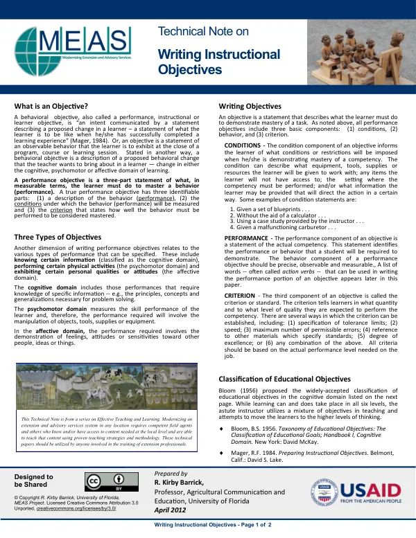 Technical Note on Writing Instructional Objectives