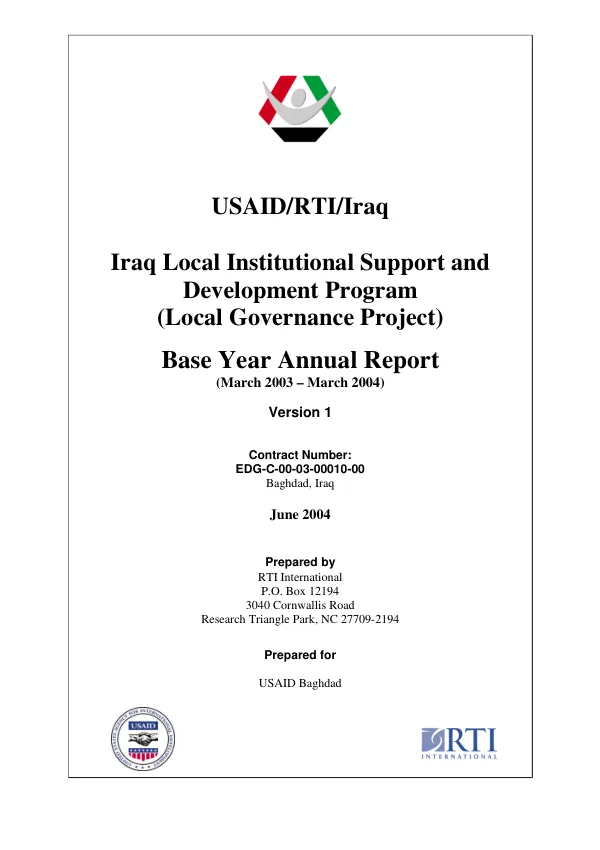 Iraq local institutional support and development program (local governance project) : base year annual report (March 2003-March 2004) -- version 1