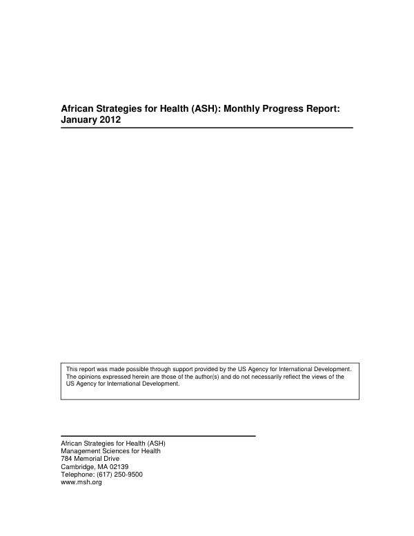 African Strategies for Health (ASH): Monthly Progress Report: January 2012