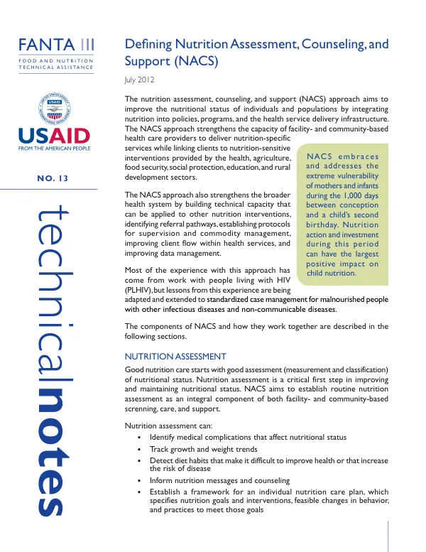 Defining Nutrition Assessment, Counseling, and Support (NACS)