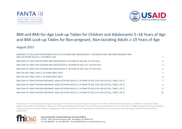 BMI and BMI-for-Age Look-up Tables for Children and Adolescents 5–18 Years of Age and BMI Look-up Tables for Non-pregnant, Non-lactating Adults ≥ 19 Years of Age