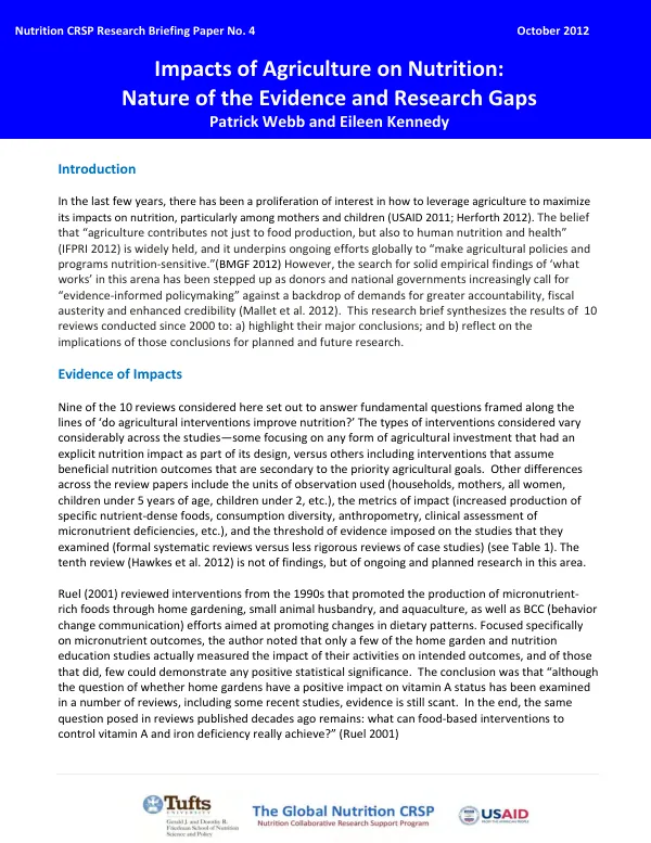 Impacts of Agriculture on Nutrition: Nature of the Evidence and Research Gaps