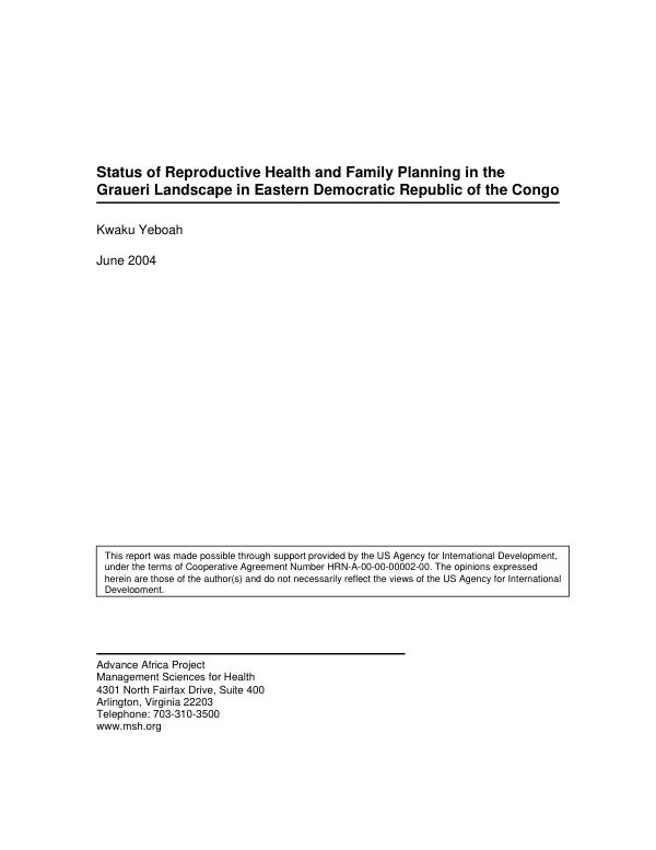 Status of reproductive health and family planning in the Graueri Landscape in Eastern Democratic Republic of the Congo