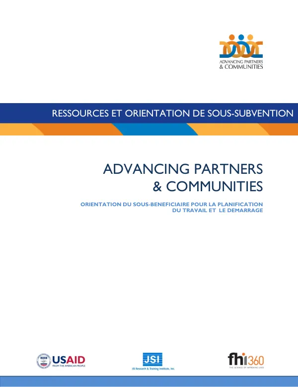 Orientation du Sous-bénéficiaire sur Planification du travail et Démarrage