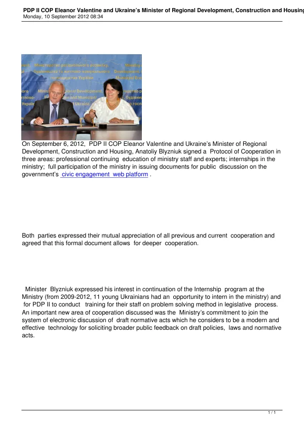 PDP II COP Eleanor Valentine and Ukraine’s Minister of Regional Development, Construction and Housing, Anatoliy Blyzniuk signed a Protocol of Cooperation