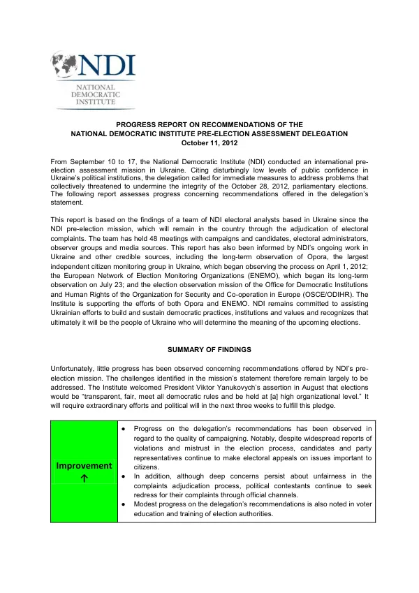 Progress Report on Recommendations of the National Democratic Institute Pre-Election Assessment Delegation