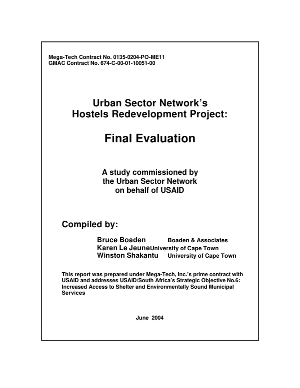 Urban sector network"s hostels redevelopment project : final evaluation