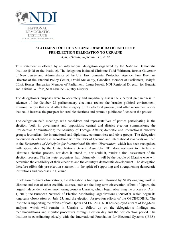 Pre-Election Delegation Statement to Ukraine