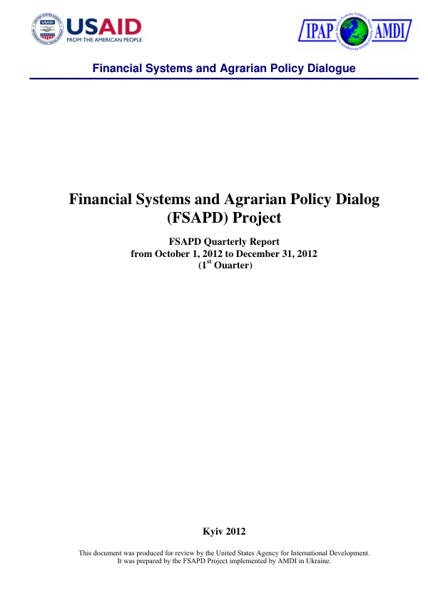 Financial Systems and Agrarian Policy Dialog Project Quarterly Report from October 1, 2012 to December 31, 2012