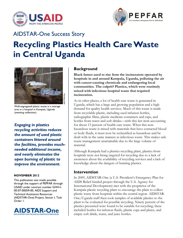 AIDSTAR-One Success Story. Recycling Plastics Health Care Waste