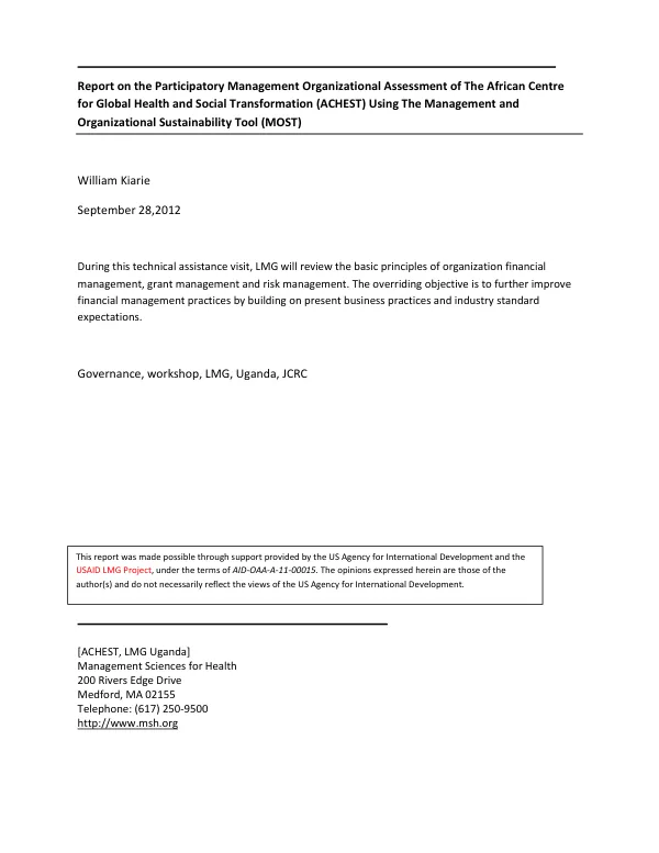 Participatory Management Organizational Assessment of The African Centre for Global Health and Social Transformation (ACHEST) Using The Management and Organizational Sustainability Tool (MOST)