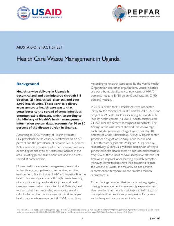 AIDSTAR-One Fact Sheet: Health Care Waste Management in Uganda