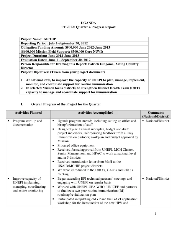 MCHIP Uganda Quarter 4 Report July 1-September 30, 2012