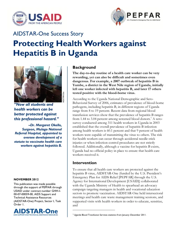 AIDSTAR-One Success Story: Protecting Health Workers against Hepatitis B in Uganda