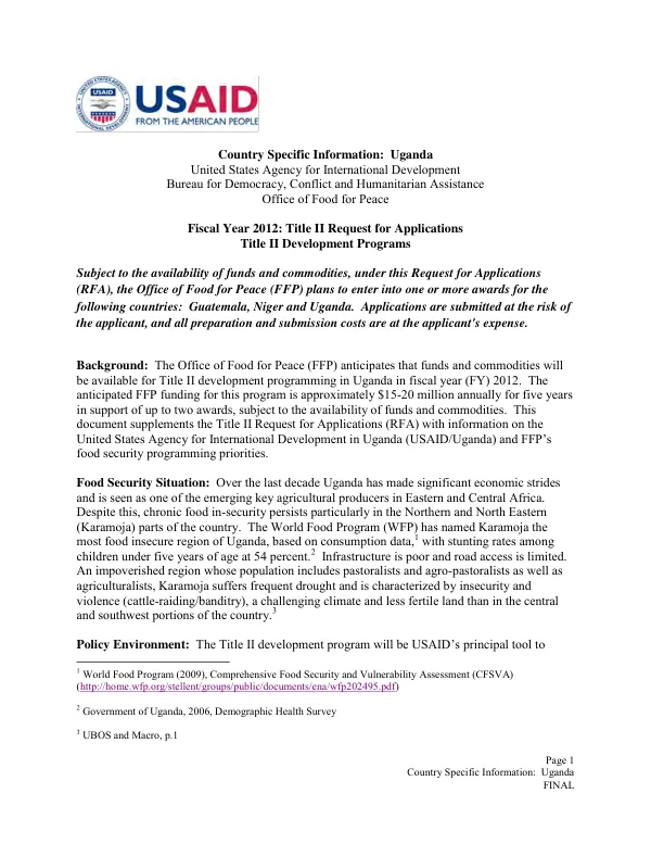 Fiscal Year 2012: Title II Request for Applications Title II Development Programs in Uganda