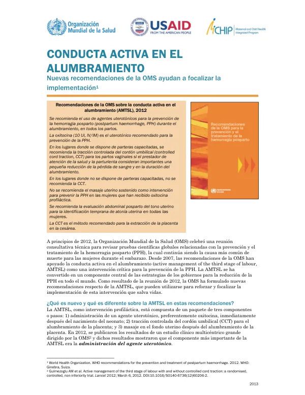 Recomendaciones de la OMS sobre la conducta activa en el alumbramiento (AMTSL)