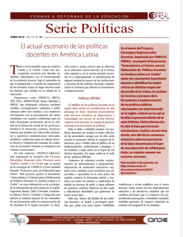 FORMAS & REFORMAS DE L A ED UC ACIÓN e PREAL Serie Políticas