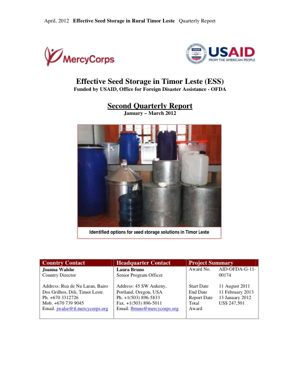 Effective Seed Storage in Rural Timor Leste Quarterly Report
