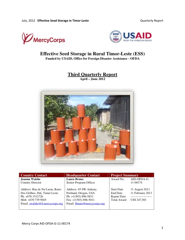 Effective Seed Storage in Timor-Leste: Quarterly Report April-June 2012