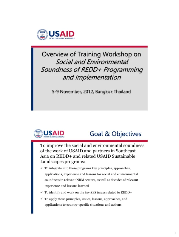 Training Workshop on Social and Environmental Soundness of REDD+ Programming and Implementation