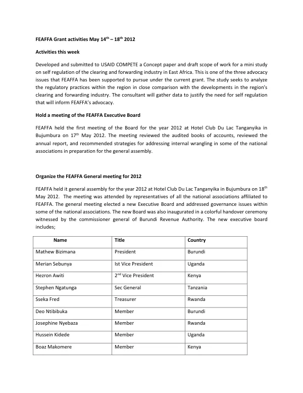 FEAFFA Grant activities May 14th – 18th 2012