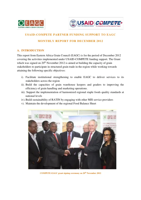USAID-COMPETE PARTNER FUNDING SUPPORT TO EAGC MONTHLY REPORT FOR DECEMBER 2012