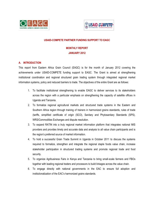 USAID-COMPETE Partner Funding Support to EAGC Monthly Report January 2012