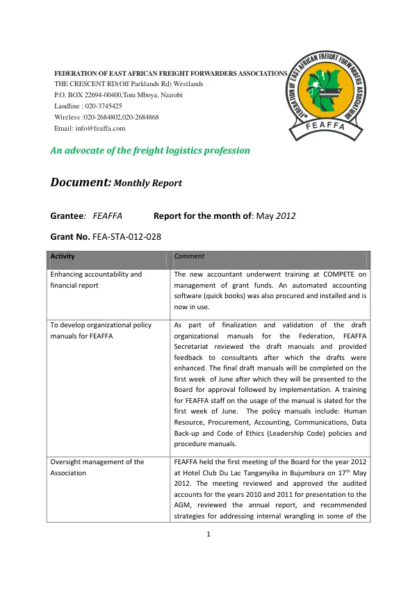 Monthly Report for the month of May 2012