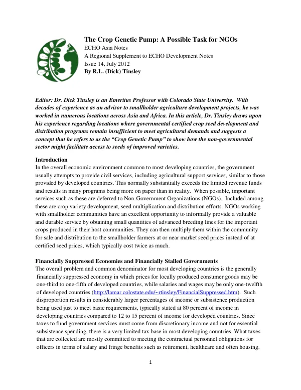 The Crop Genetic Pump: A Possible Task for NGOs