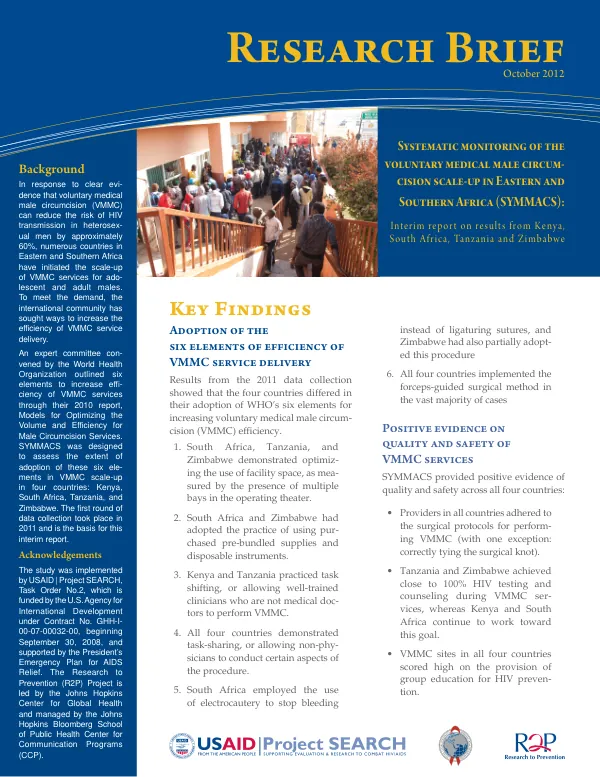 Systematic monitoring of the voluntary medical male circumcision scale-up in Eastern and Southern Africa (SYMMACS): Interim report on results from Kenya, South Africa, Tanzania and Zimbabwe