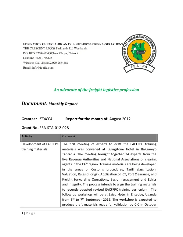 Monthly Report: August 2012