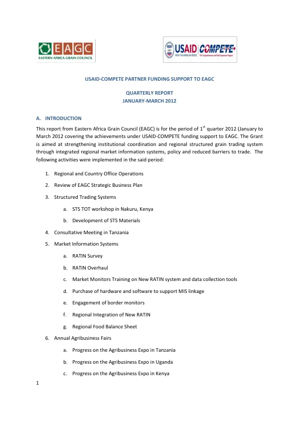 USAID-COMPETE Partner Funding Support to EAGC Quarterly Report January-March 2012