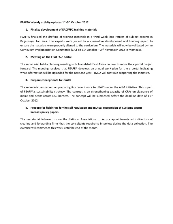 Weekly activity updates 1st -5th October 2012