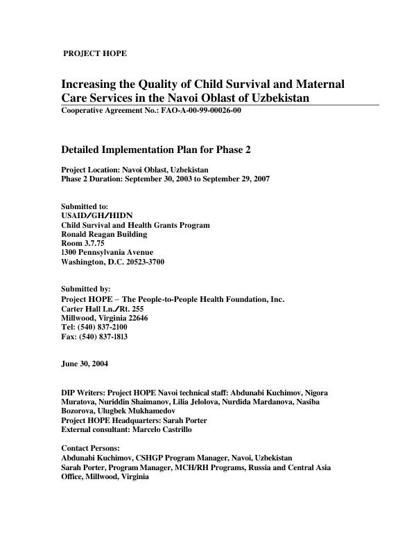 Increasing the quality of child survival and maternal care services in the Navoi Oblast of Uzbekistan : detailed implementation plan for phase 2